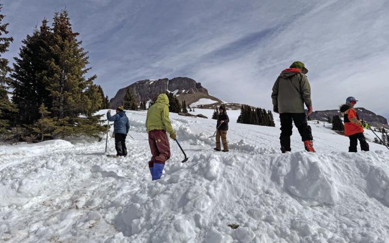 The Double A event crew worked hard to move snow and build the big ski jump above Little Molas Lake. Photo credit Double A Gelande Ski event