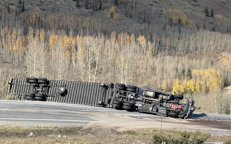 A view of the wrecked semi on the hairpin just south of Silverton by Sasquatch Campers turnoff. Photo credit DeAnne Gallegos