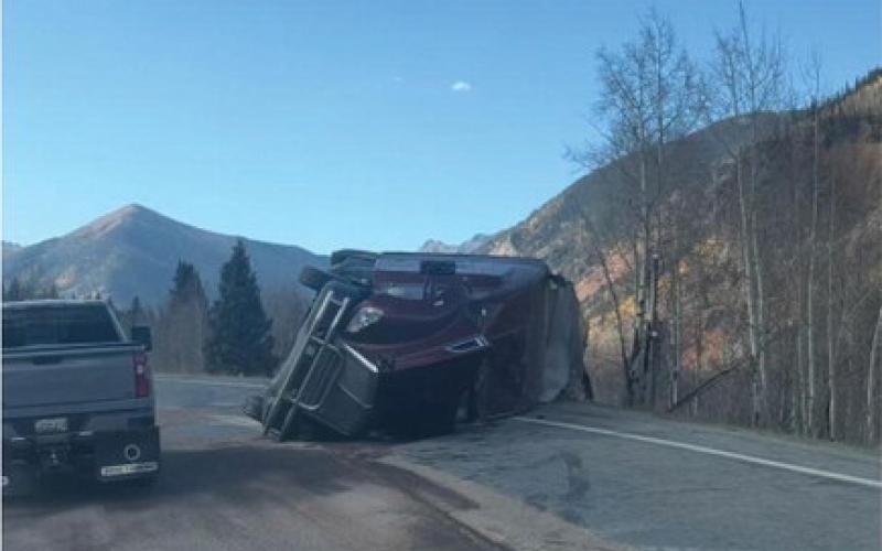 Wrecked semi on the hairpin just south of Silverton by Sasquatch Campers turnoff. Photo credit DeAnne Gallegos