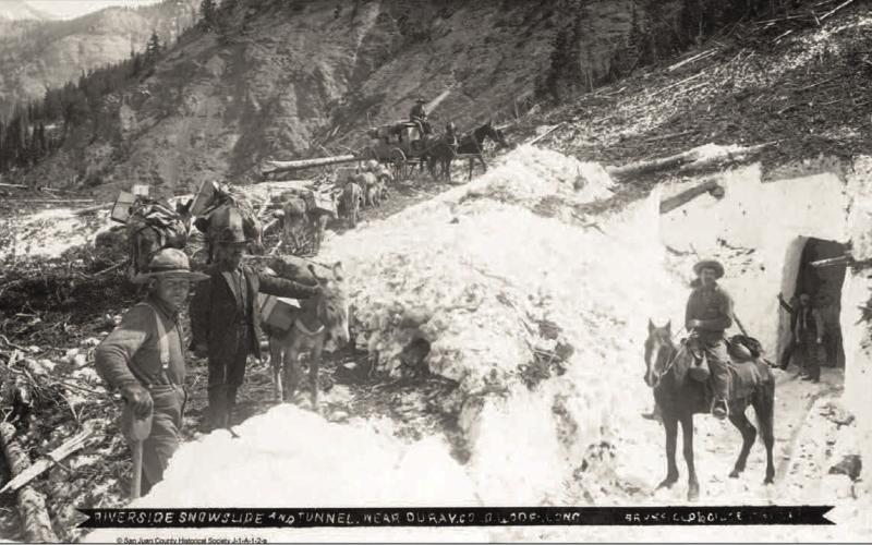 A mule train on the Shenandoah trail in Arrastra Gulch, heading downhill with loaded ore sacks in an undated photo. Photo courtesy of San Juan County Historical Society