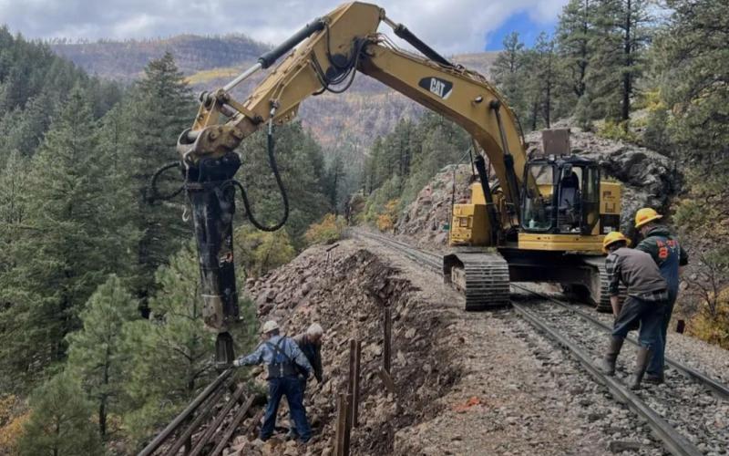 DSNGRR crew work on stabilizing railroad tracks after flooding damage. Photo by DSNGRR