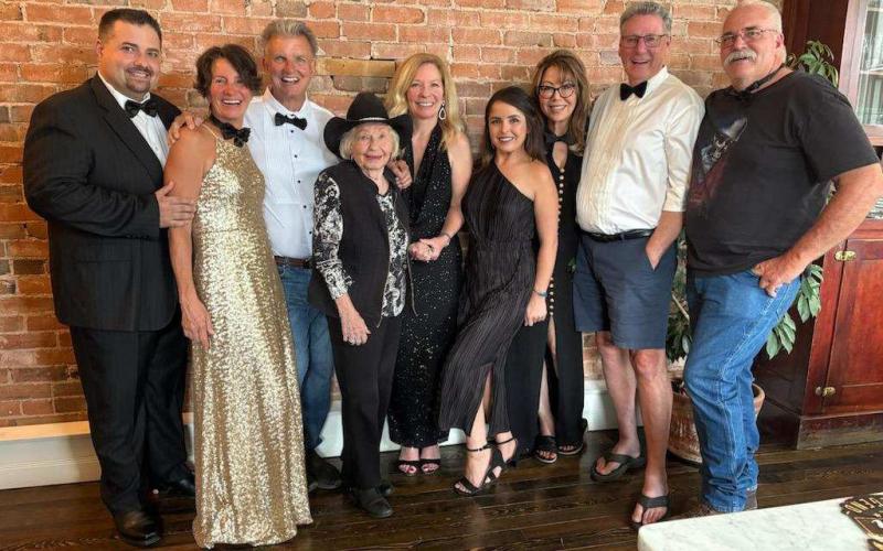 Ken Bodens 70th Surprise Party left to right: Jim Harper, Nicole Bellman, Ken, Alice and Kathy Boden, Rocky Romero, Lone Kalish, Jim Bishop, Mike Hook. Photo by Boden Family