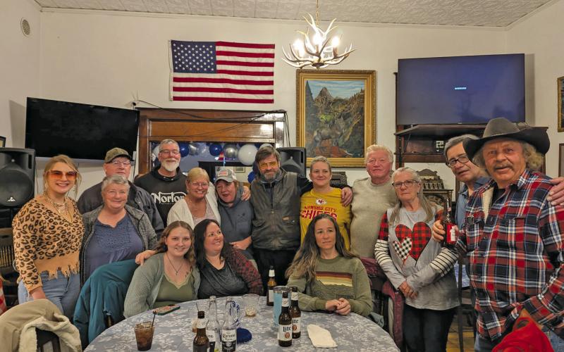 Photo credit Maddie Moser A group of Silverton Locals showed up to support DeAna the former Silverton Post Master at the Ouray Elks Club last Saturday night. (L to R back row): Maddie Moser, LaDonna Jaramillo, Dee Jaramillo, Bruce Conrad, DeAna Scott, Shelly Kuhlman, David Breed, Kelli Fries, Billy Fries, Becky Rhoades, Speedy Scott, Kenny Jenkins Front row left to right: Rylan Jaramillo, Deanna Jaramillo, Krissy Rhoades