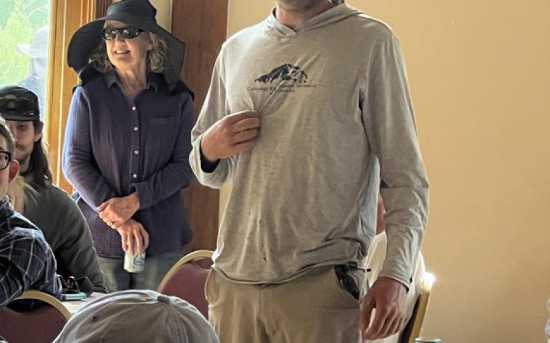 Local professional trail engineer Michael Crocket of Anthrocene Contracting introduced himself and his company to the BPMD group. Photo credit DeAnne Gallegos