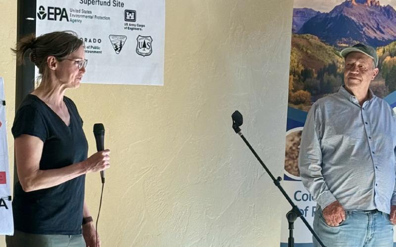 Bonita Peak Superfund site project manager Joy Jenkins gives a hello to the crowd at the open house photo by DeAnne Gallegos