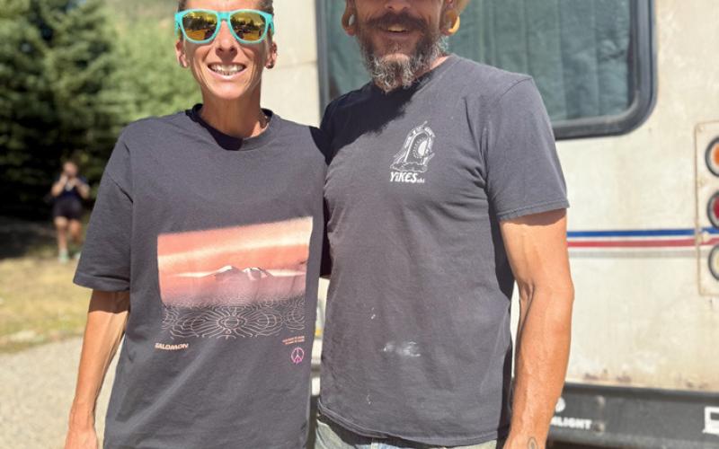 Hardrock 100's 2026 women's course record holder Courtney Dauwalter and Silverton local Hardrocker Cody Braford at the awards breakfast on Sunday Photo by DeAnne Gallegos