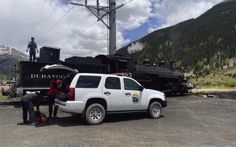 Silverton Medical Rescue EMT and Paramedic going into the field via train. Photo by Silverton Medical Resuce