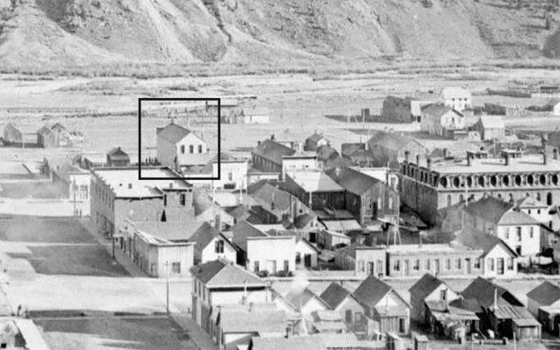 A Henry Jackson photo from 1891 shows the rear of the old Town Hall viewed from the Shrine Hill. Photo: San Juan Historical Society