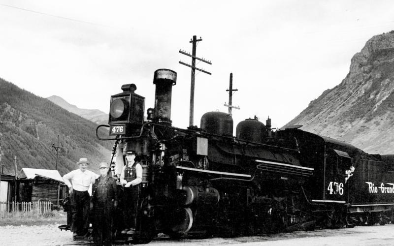 Aug 1, 1955 - View of Denver &amp; Rio Grande Western locomotive No. 476 standing on 12th Street in Silverton photo by SJCHS