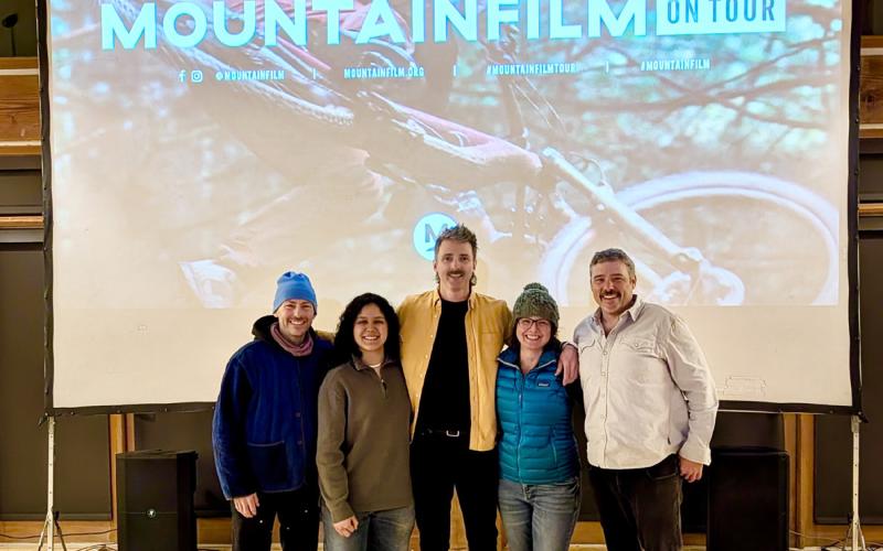 MountainFilm Tour Director Drew Ludwig, Jaque Acosta, the Spanish night emcee, Brenden Goetz, the event organizer, Lisa Branner, ED of SCD, and Rory Cowie, the event emcee photo by Silverton Creative District