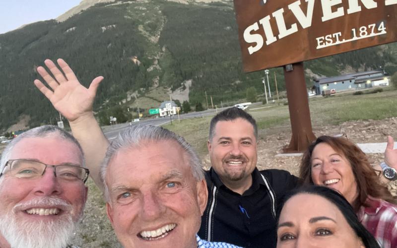 A group of locals went “over the hill” for Jim Harper’s birthday and took a tourist selfie on the way home. L-R: Bruce Conrad, Ken Boden, Angelina Noble, Jim Harper, and DeAnne Gallegos photo by Ken Boden