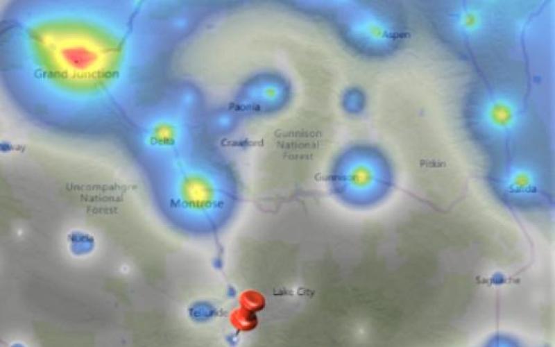This map from www.lightpollutionmap.info shows the light pollution in Silverton (marked by the red pin) and surrounding areas. Silverton already has a really low amount of light pollution and the Dark Sky movement