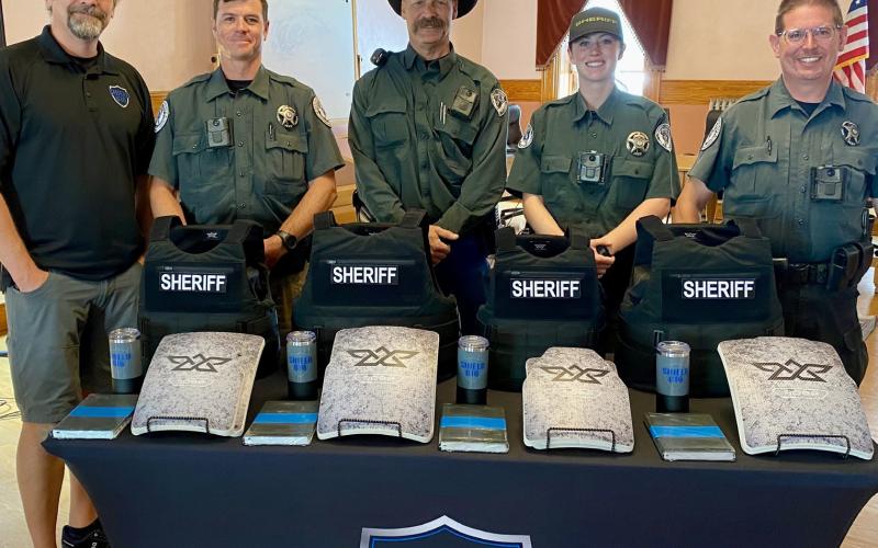 L-R: Jake Skifstad with Shield 616, SJC Sheriff Deputies Adam Clifton, Dean Mize, Meah Mordecai, and San Juan County Sheriff Steve Lowrance. Photo by Willy Tookey