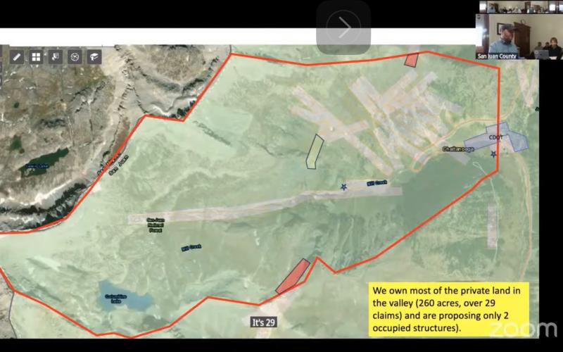 Silver Cloud Lodge Development is 260 acres including 29’mining claims at the hairpin turn headed up Red Mountain Pass at the ghost town of Chattanooga. Slide From SJC public hearing