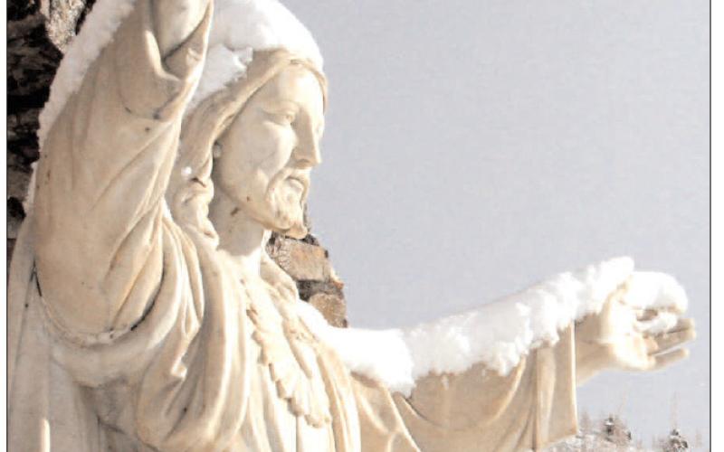 A light snow falls on the Christ of the Mines Shrine above Silverton on Monday morning, April 16, 2012. Photo: Mark Esper/Silverton Standard &amp; the Miner files.