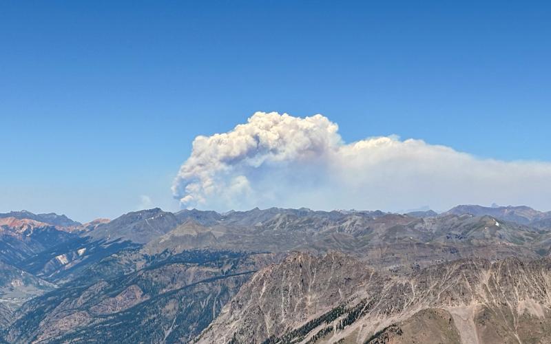 The fire smoke from Ouray as seen from the Top of the World aka Needles Mountain range on Saturday photo by Phen Mead