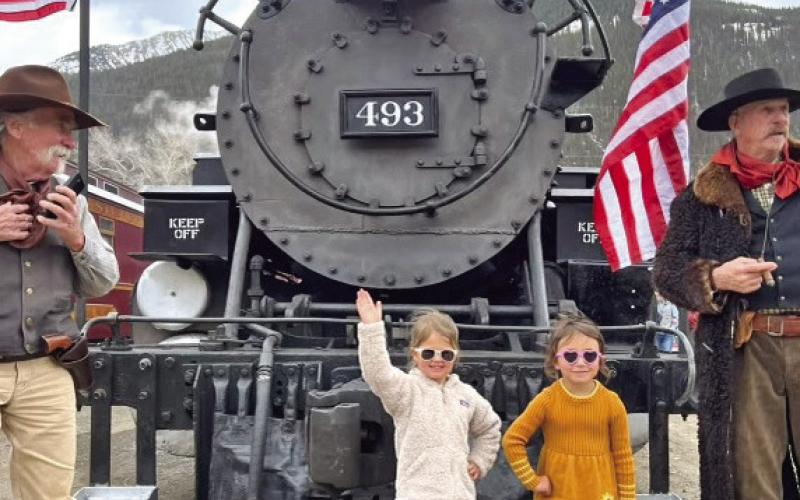 Willow Blankenship and Ava Andrade posing with the first train. Photo credit Sterling Blankenship