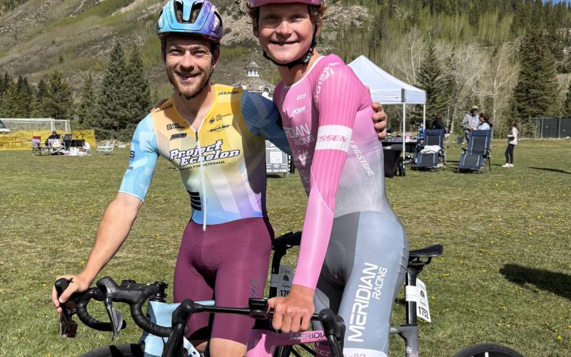 (Right) Kai Lokey the 2026 Ironhorse men's pro race winner (Left) Caleb Clausen the second place men’s pro road winner Photo by DeAnne Gallegos