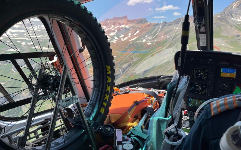 The wheeled litter and other search and rescue equipment were taken up to the Ice Lake scene. The wheeled litter is utilized to help SMR team get packaged patient down a steep rugged trail. Photo credit SMR Team