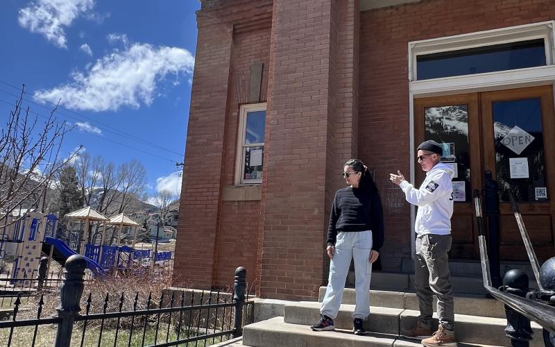 Silverton Librarian Misti Anderson and Town of Silverton’s Facility, Parks &amp; Recreation Director Sarah Friden, point out the area where the ADA ramp will be constructed. Photo credit DeAnne Gallegos