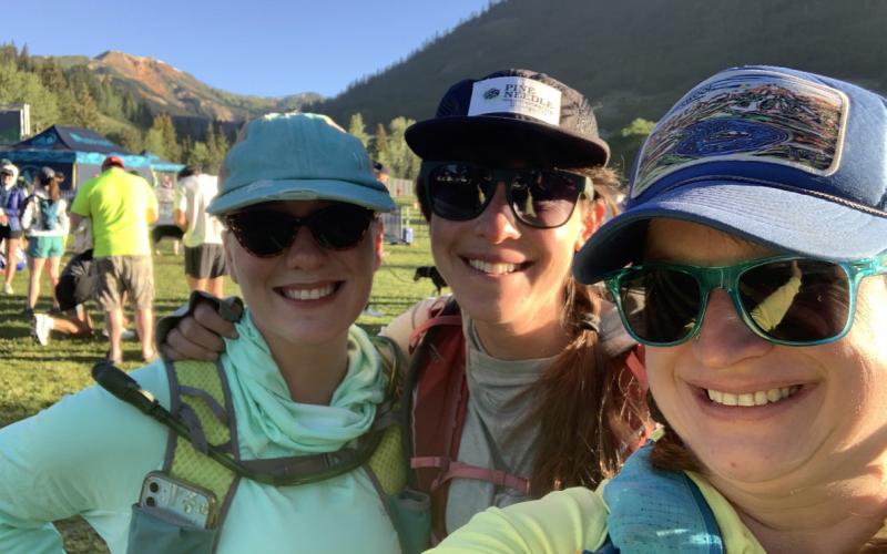 Melina Marks, Nora Dwyer &amp; Andrea Trower finish Alpine Marathon in 2024. Photo credit Andrea Trower