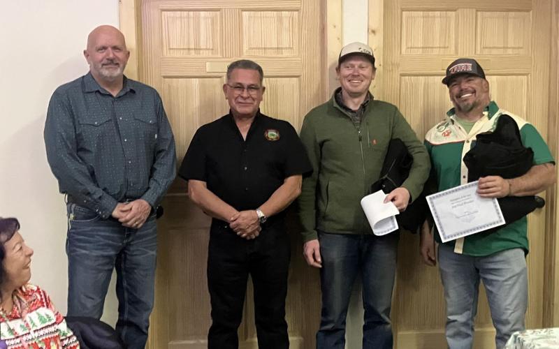 Photo credit SVFD Jerry Chambers, and Fire Chief Gilbert Archuleta present Daryl Magner and JP Stanley SVFD Firemen of the Year.