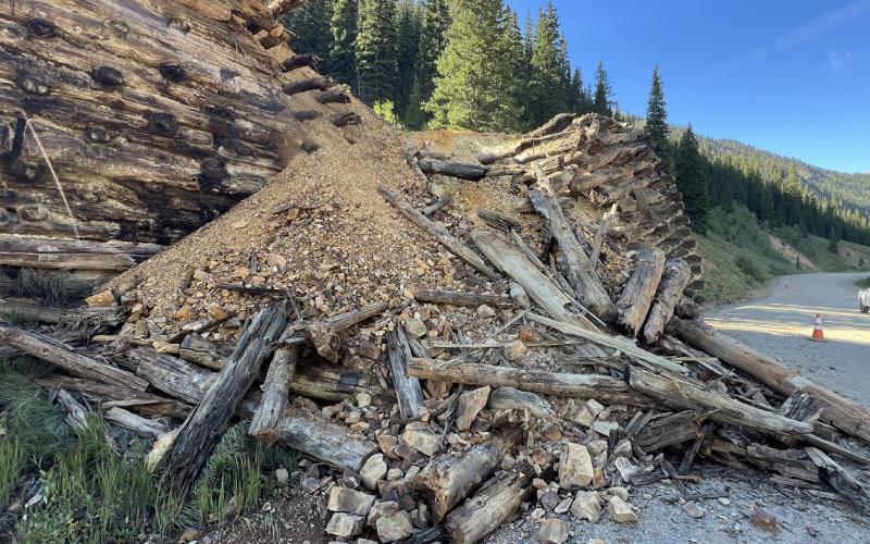 The damaged crib wall of the Anglo Saxton Mine with waste running onto CR 110. Photo credit DeAnne Gallegos
