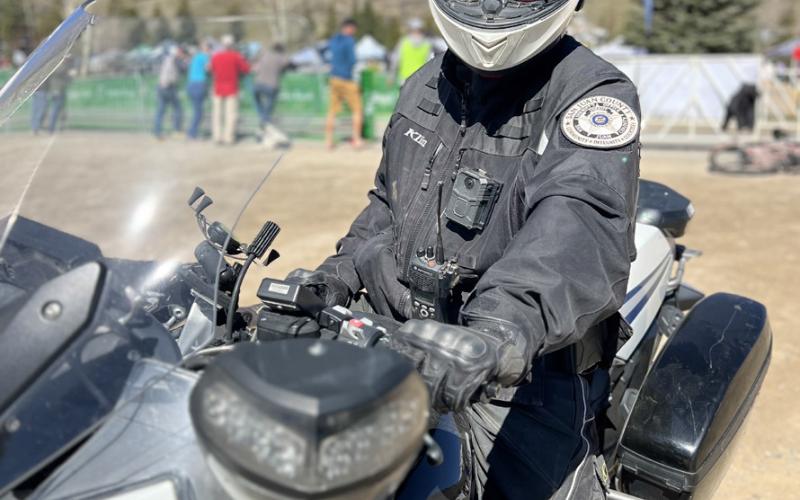 San Juan County Sheriff Bruce Conrad was working the Ironhorse Bicycle Classic on his motorcycle. Photo credit DeAnne Gallegos