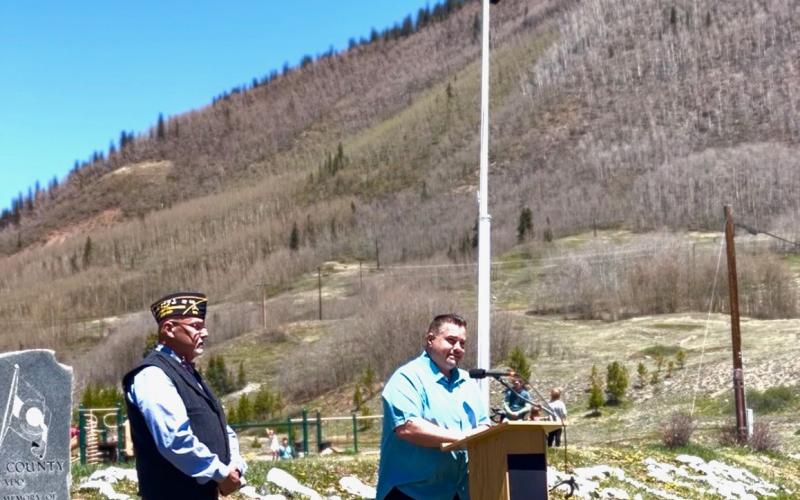 Silverton’s ProTem Mayor Jim Harper gives a speech to the 100 Veterans and their families in Memorial Park during Ironhorse. Photo credit DeAnne Gallegos