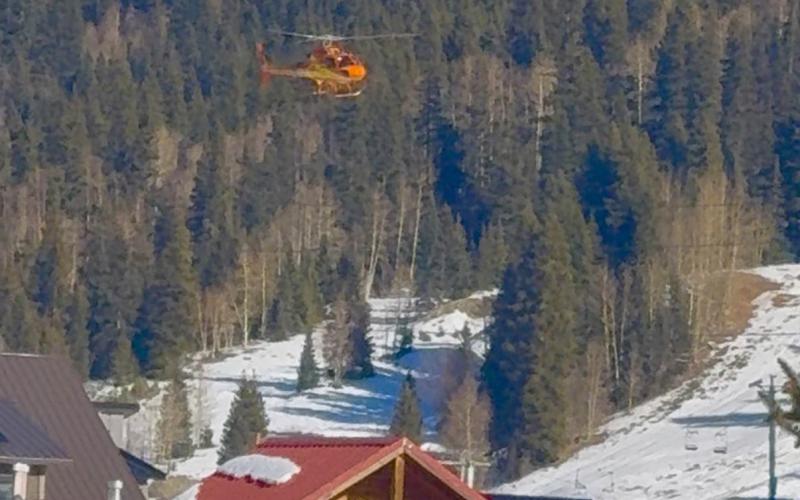 Flight for Life helicopter supporting the incident on Red Mountain Pass landing in Silverton Photo by DeAnne Gallegos