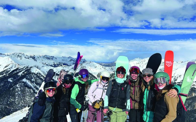 Silverton Mountain’s opening weekend was packed full of locals! Left to right- Cara Kropp, Casie Lashley, Megan Davenport, Belen Roof, Cat Leonaitis, Brooke Stillwell, Maggie Sullivan, MJ Carroll, and guided by Dustin. Photo credit Dustin Eldridge
