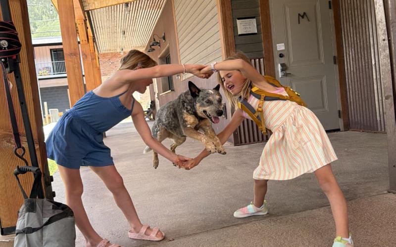 Skylar and Willow playing with Zippy the dog at the Silverton Farmers Market that started on Friday and will be every Friday in Anesi Park photo by Sterling Blankenship