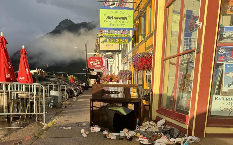 Many of the non-bear proof trash cans on Greene Street were tipped over on Saturday morning. Photo credit Katey Fetch