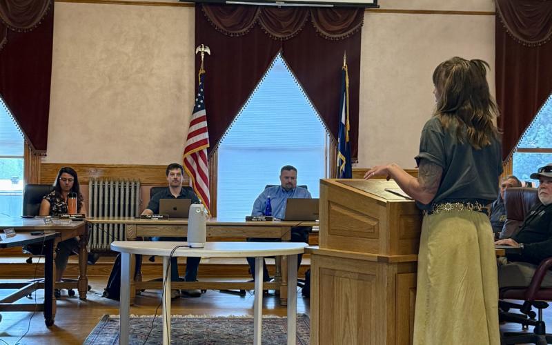 Holly Huebner presents to Board of Trustees and answers questions photo by DeAnne Gallegos