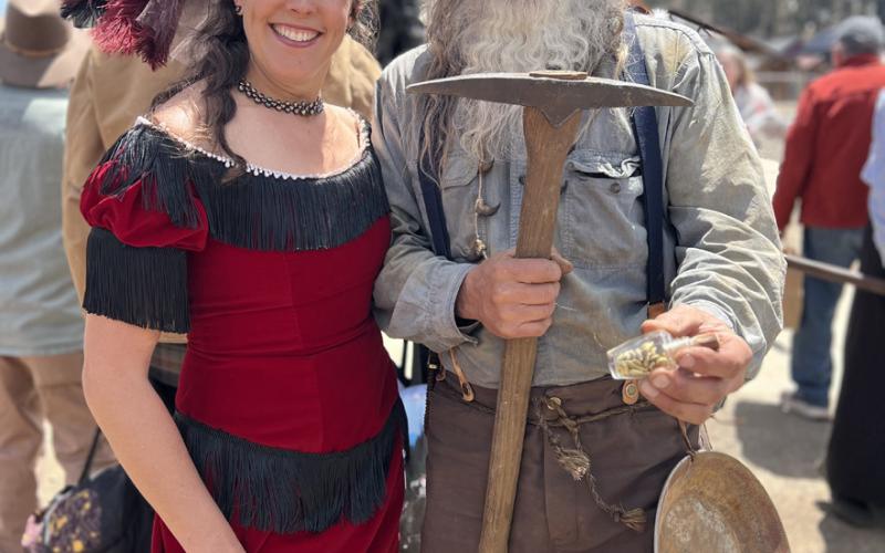 Silverton Mayor Dayna Kranker and an ol’ Miner greet the DSNGRR train on opening day. Photo credit DeAnne Gallegos