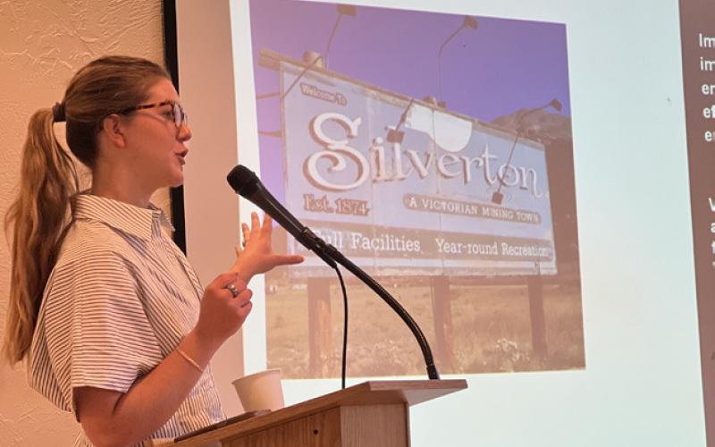 San Juan Development Association’s Director, Sarah Moore, gave an update about the town entry sign project. Photo credit DeAnne Gallegos