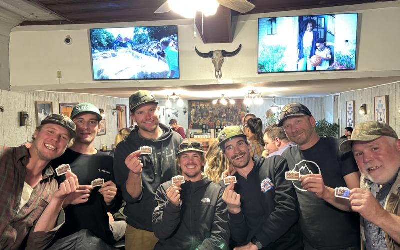 photo by Sarah Moore Silverton local’s Zach Ulmer, Evan Alsup, Jackson Perry, Kurt Dietrich, Ryan McClure, Reid Kalmus and Bevin Harris all attended the SJDA Town Sign party at the El Bandito.