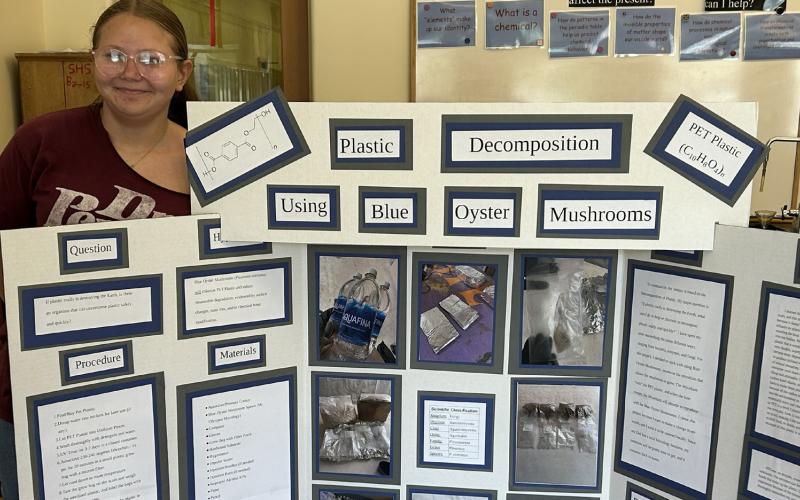 Brynn Hamm with her blue oyster mushroom research project