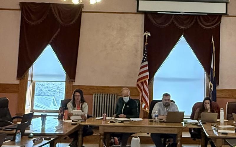 Town of Silverton staff, former Trustees, current Trustees and new Trustees all took a seat at the table on Monday night together photo by DeAnne Gallegos
