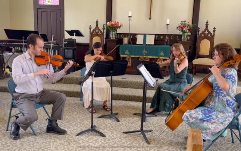 Photo by Lori Nixon Anvil Strings played a Sunday afternoon concert in the First Congregational Church. Left to right: Derek Edwards, Rebekah Soued-Weaver, Samantha Wrigh,t and Karen Johnson.