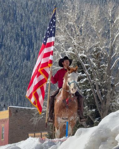 Richard Weber and his horse Franks &amp; Beans during Silverton Skijoring opening ceremony Photo by DeAnne Gallegos