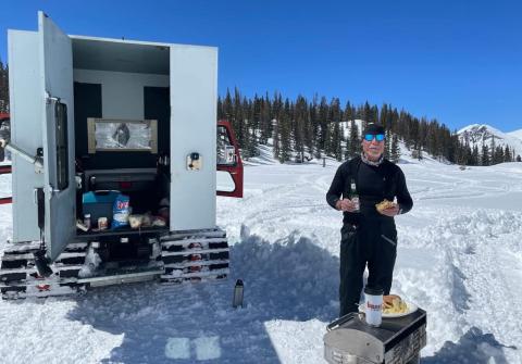 Andy Atha enjoying a lunch break after skiing high up in the San Juans a couple winter ago and in the same location as this years AA Gelande event. Photo credit David Breed