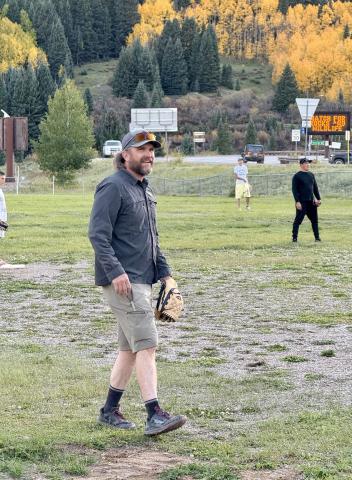Jerrod Fast with Silverton LP Gas is a weekly baseball player at Sunday’s pick-up games at the town field photo by DeAnne Gallegos