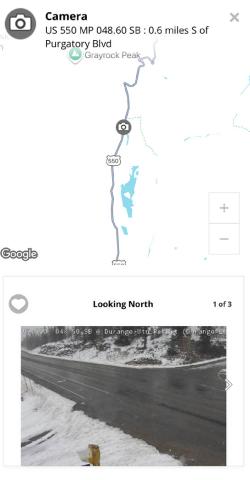 First camera available on CDOT app heading southbound from Silverton on Hwy 550 is at Purgatory