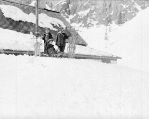 Eureka in 1932, with three boys sledding off the eaves of a company boarding house. The boys are Cliff Allen Jr., Van Rule and Edwin Larson Jr. Photo: San Juan Historical Society