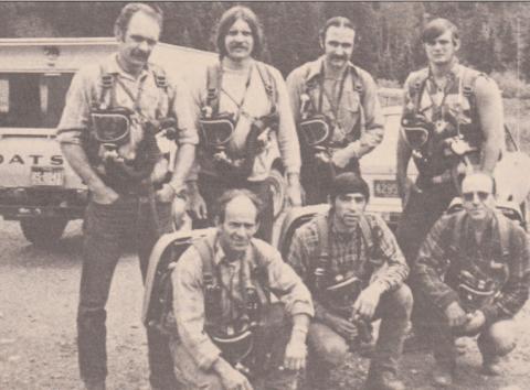 50 YEARS AGO · ABOVE: Tom Zanoni, front, and Zeke Zanoni in the drilling competiton at the Hardrockers Holidays in August 1974. This was the first year the Hardrockers was held since 1953, when it had been discontinued during a mining slump. RIGHT: The Standar Metals Mine Rescue and Disaster Team. Standing, from left, George Zanoni, team leader, Jerry Crawford, Tom Zanoni and Rick Ernst. Kneeling are D.K. Slade, Louie Valdez, and Jack Switzler Silverton Standard file photos