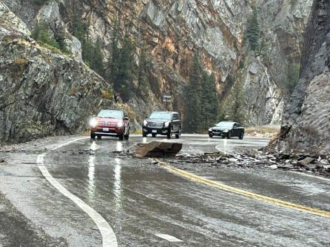Large rocks fall in middle of Red Mountain Pass on Saturday. Photo by CDOT