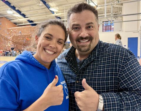 Former Mayor Dayna Kranker and current Mayor Jim Harper at the Miner’s basketball game in the fall