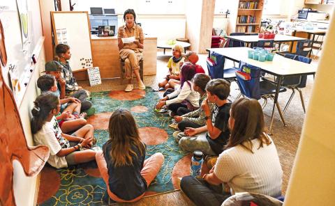 Mrs. Gaskill and her fourth and fifth graders circle up during the first week. This CREW time is essential social and emotional learning. Photo Credit David Emory