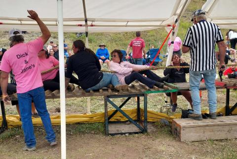 Photo by Hardrockers Judy Kuhlman pulls for Dick &amp; Janes tug a war team at this years’ Hardrockers Holidays.